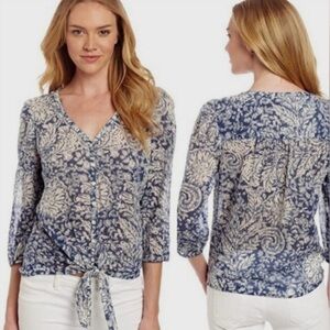 Lucky Brand Blue Floral Paisley Tie Front Top